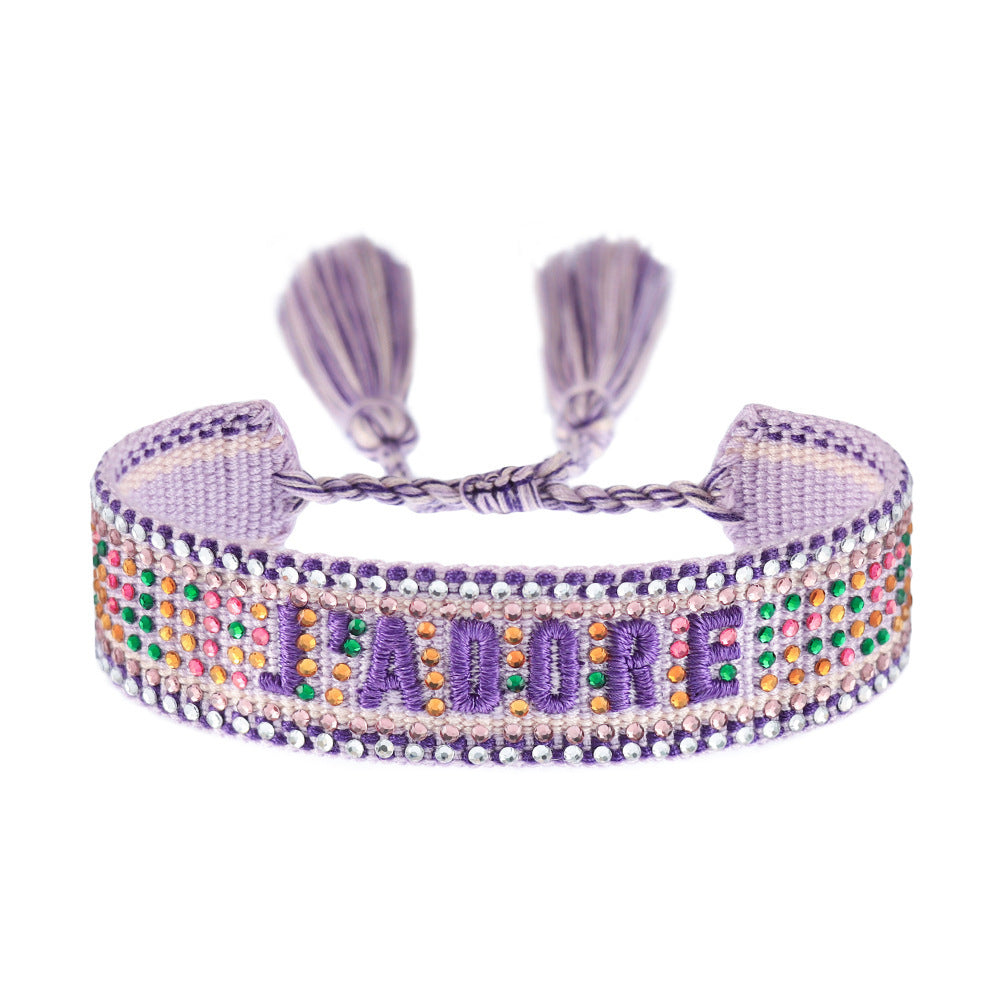 Cross-border Fully Ironed Colorful Diamond Woven DIY Bracelet Accessories for Women Creative Ethnic Embroidery Letter Rope