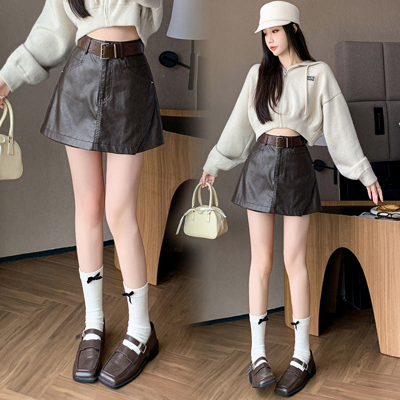 Leather Skirt Pants Women Fashion Casual PU Leather Mini Skirt High Waist A-Line Skirt Pants