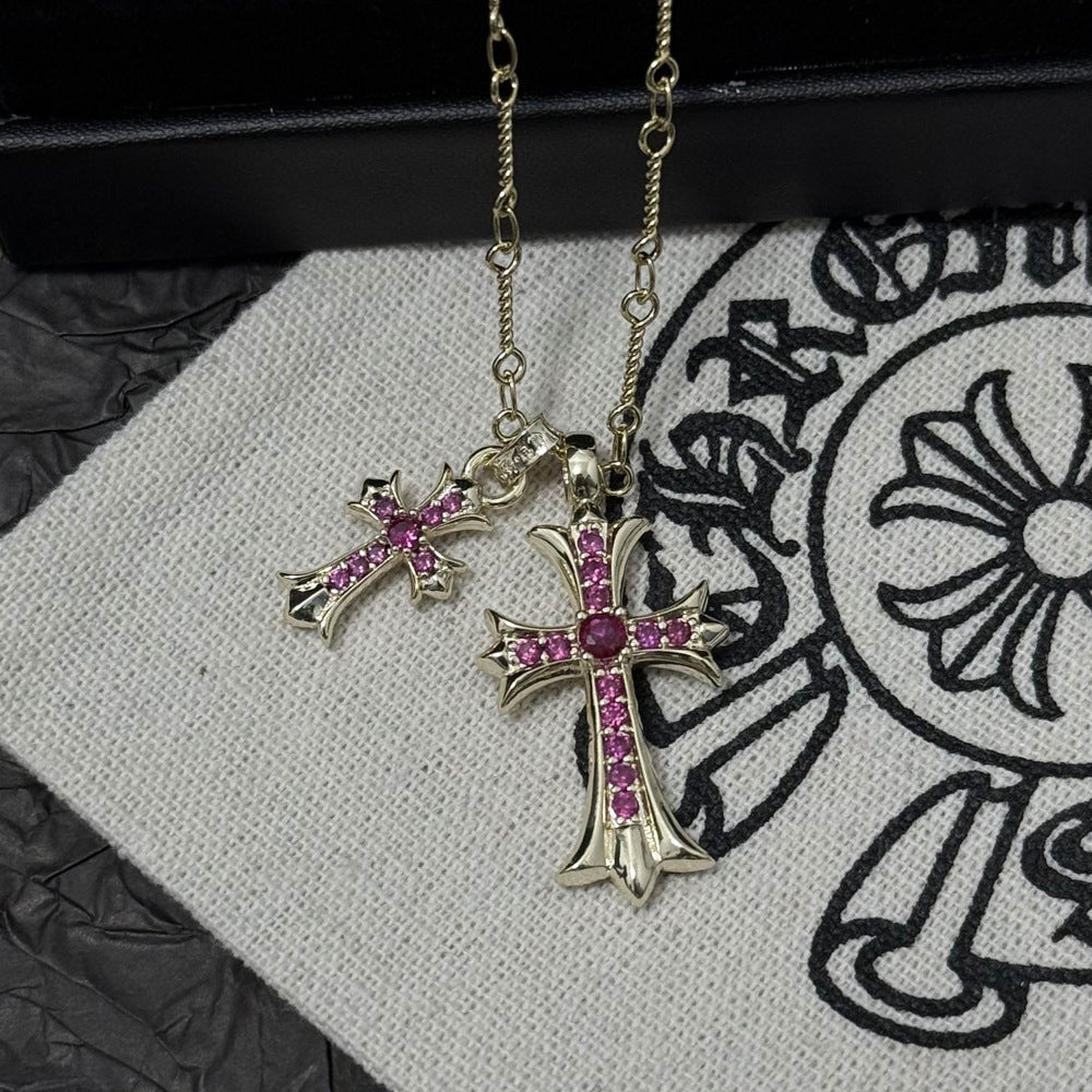 Vintage colored diamond double cross pendant necklace