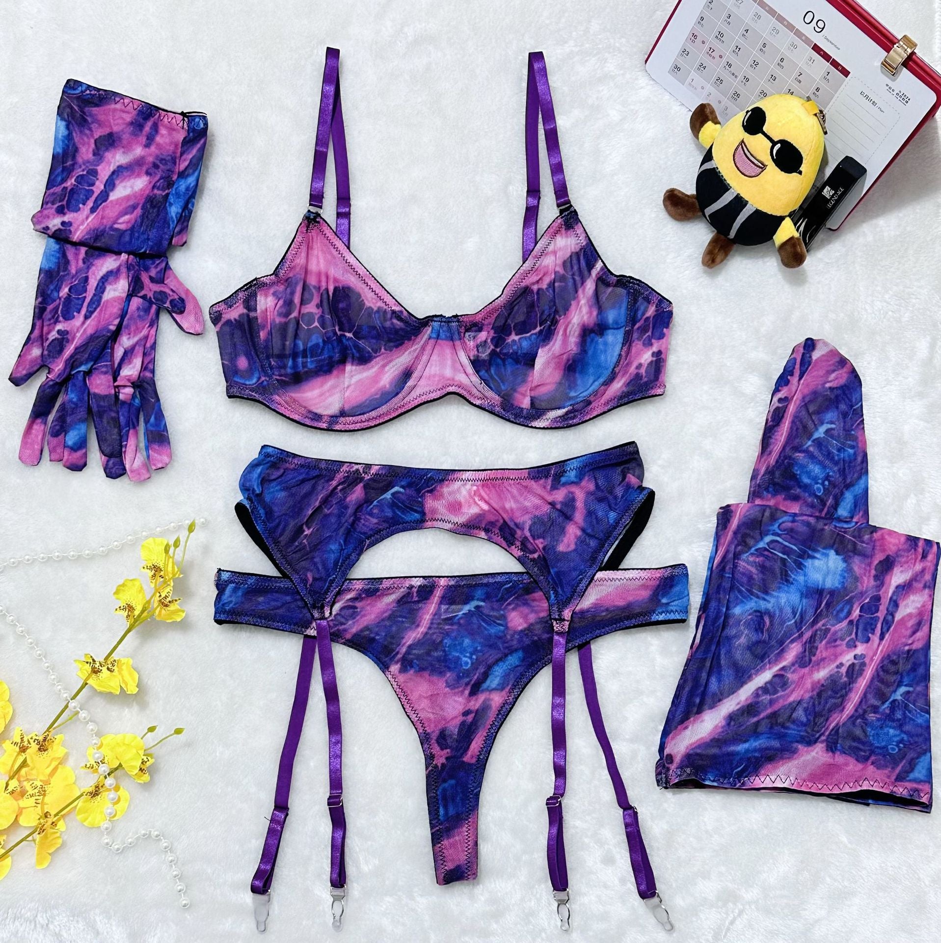 Cross-border  Sexy Underwear Five-piece Set with Gloves, Stockings, Tie-dye Design, Colorful Design, Erotic Underwear Set