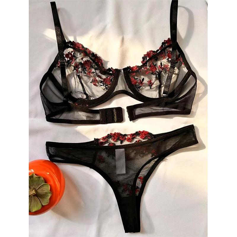 Conjunto de lencería de dos piezas para mujer, sexy, de cintura baja, con bordado floral, de malla transparente