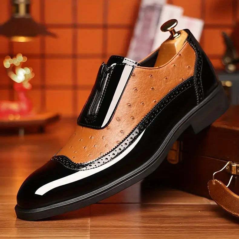 Chaussures Chelsea pour homme en cuir brillant à bout pointu et fermeture éclair en relief
