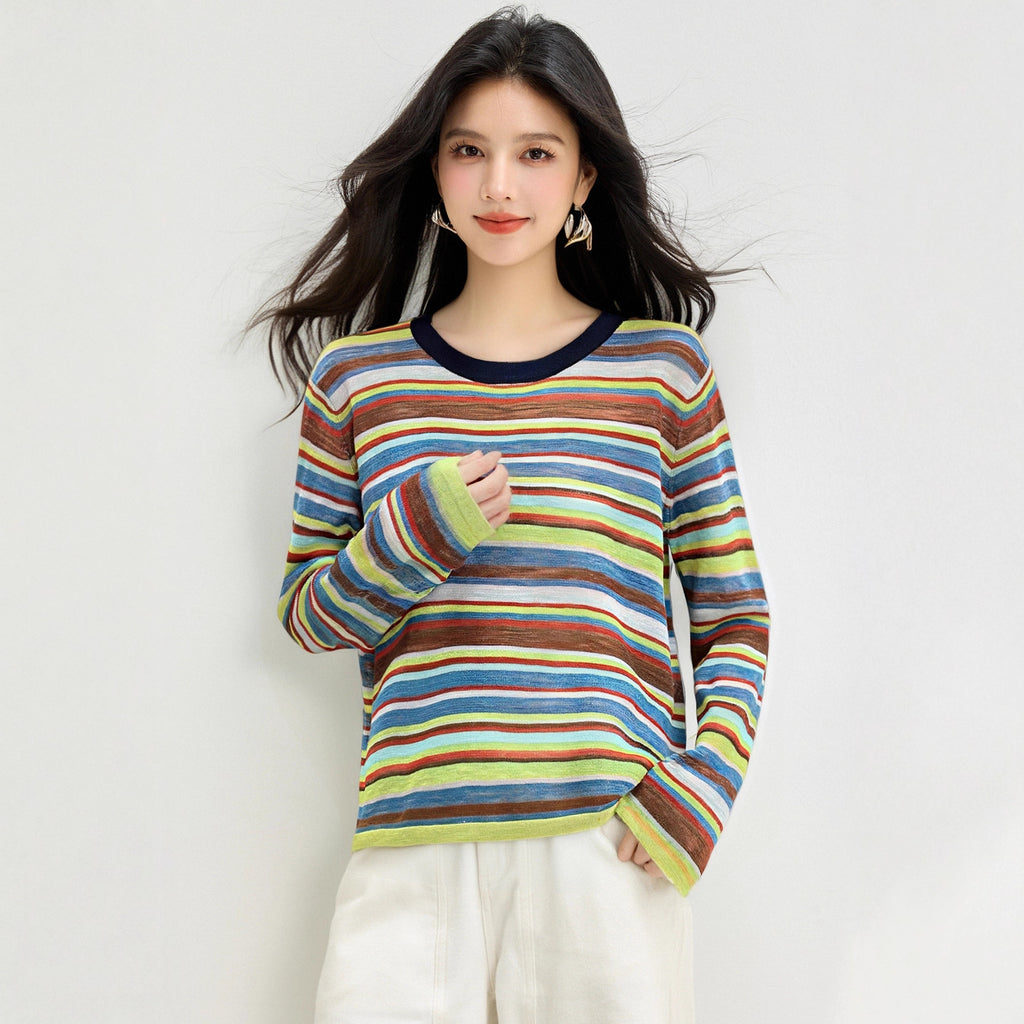 Design Sense Casual Colorful Stripe Crew Neck Knit Top for Women, Autumn Versatile Slimming Retro Basic T-Shirt