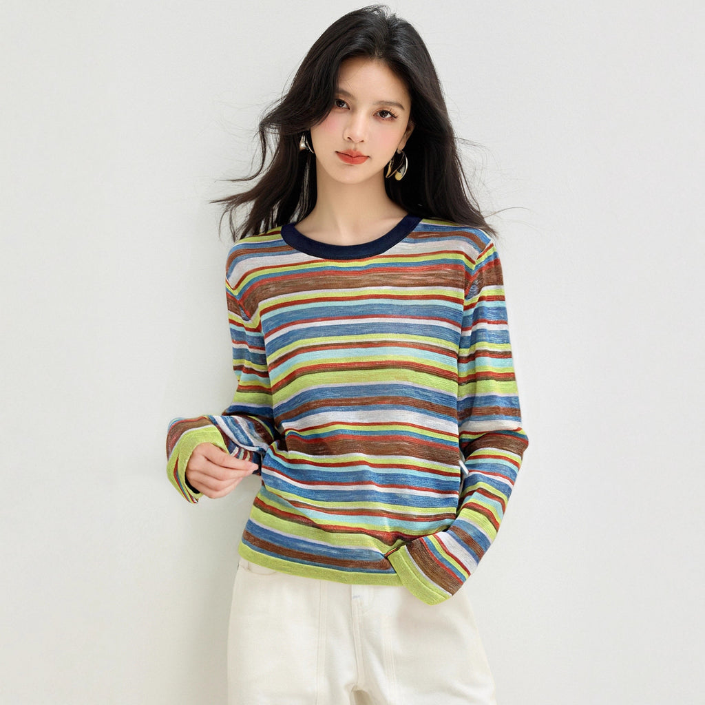 Design Sense Casual Colorful Stripe Crew Neck Knit Top for Women, Autumn Versatile Slimming Retro Basic T-Shirt