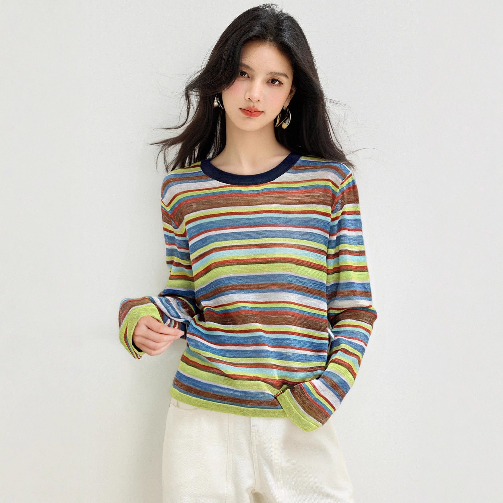 Design Sense Casual Colorful Stripe Crew Neck Knit Top for Women, Autumn Versatile Slimming Retro Basic T-Shirt