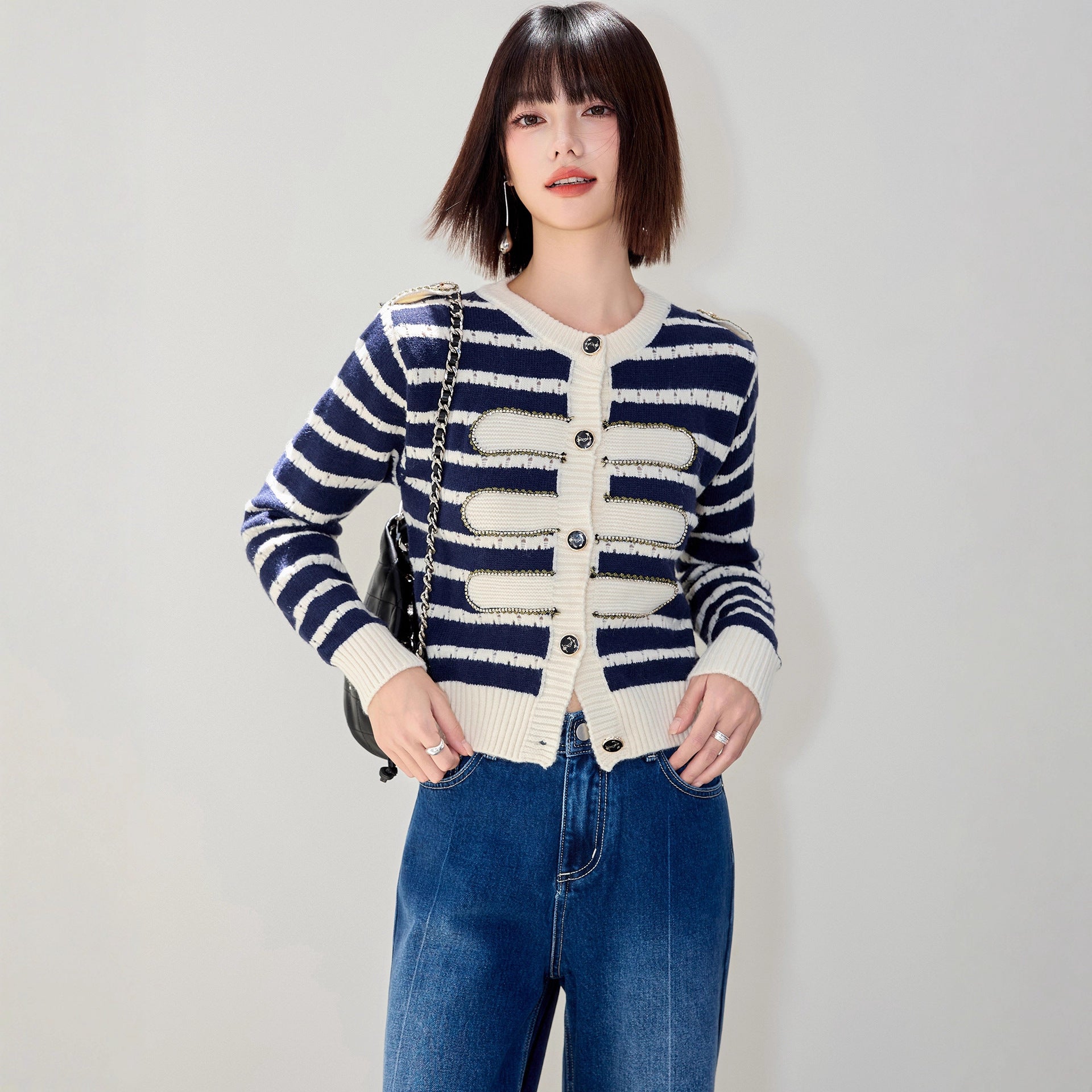 Chic Striped Rhinestone Long Sleeve Knit Cardigan Coat for Women, French Vintage Style, Elegant and Slim-Fitting Top