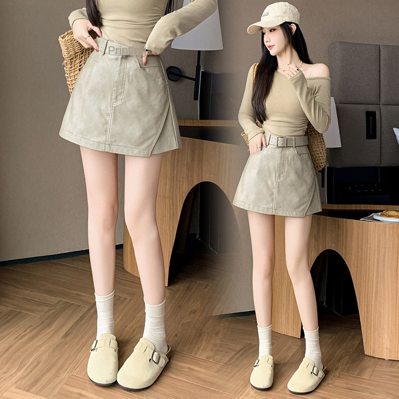 Leather Skirt Pants Women Fashion Casual PU Leather Mini Skirt High Waist A-Line Skirt Pants