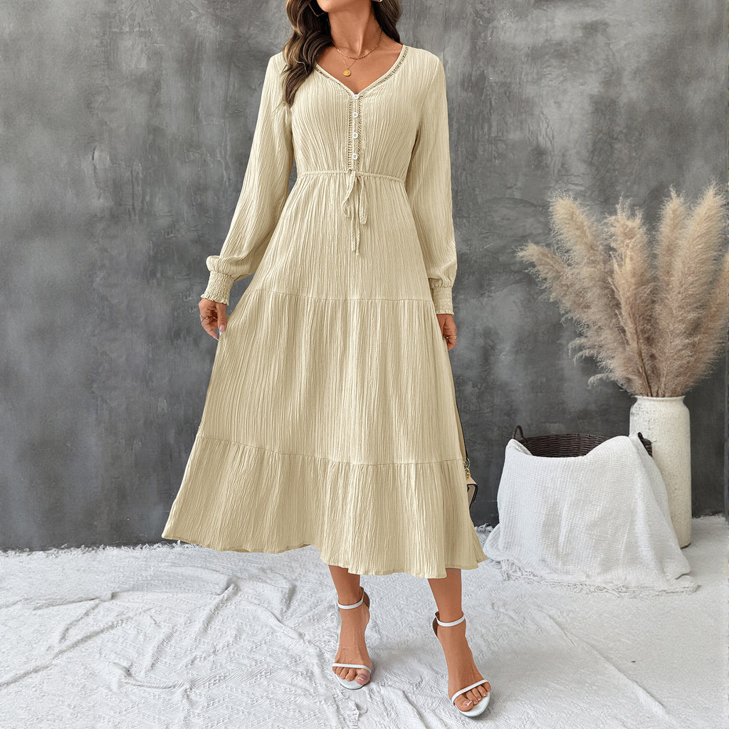 Elegant style long sleeved pleated V-neck solid color dress