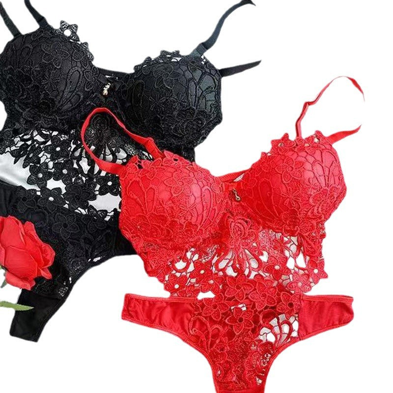 Cross-border Sexy Lingerie Seductive Three-piece Transparent Backless Lace Trim Tempting Sleepwear Two-piece Set