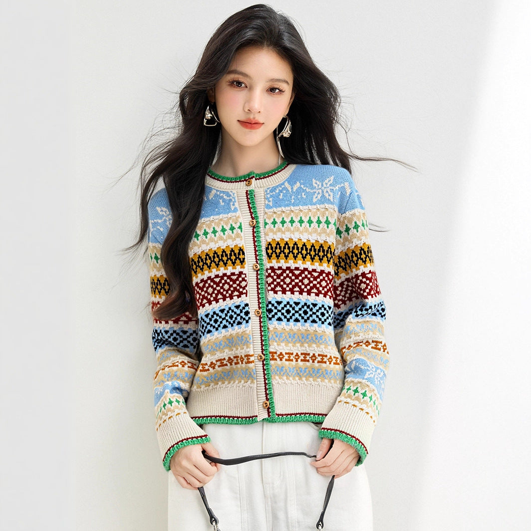 style Retro Jacquard Crewneck Knit Cardigan for Women, Loose Lazy Style Soft Sweater Coat Top