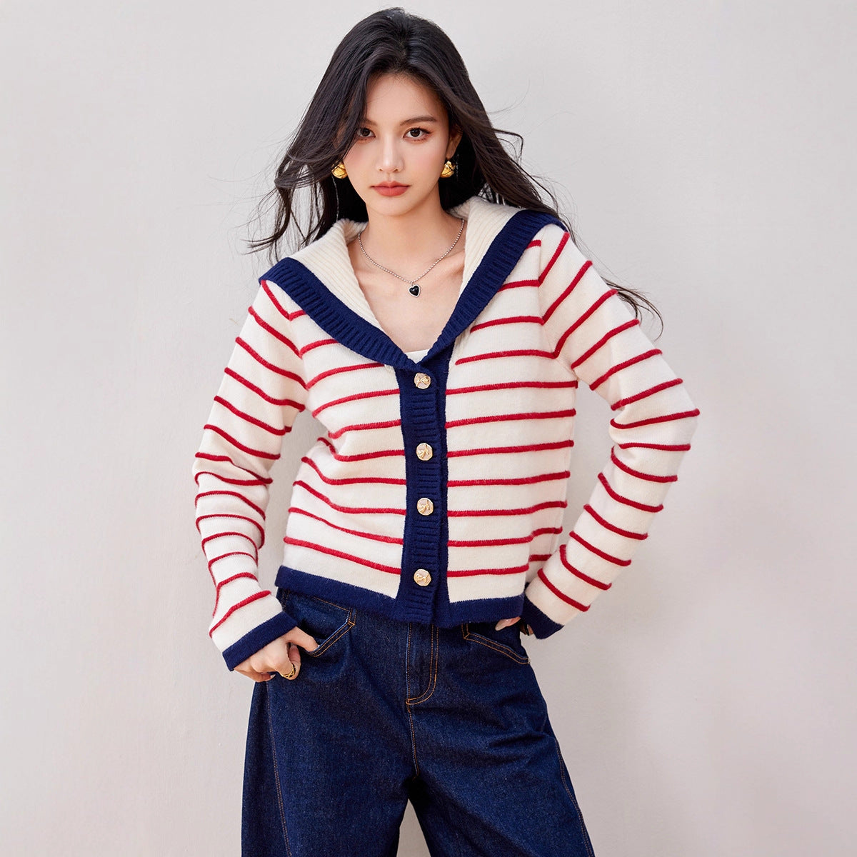 Navy Style Striped Knit Cardigan with Large Turn-Down Collar for Women, Long Sleeve Sweater Top