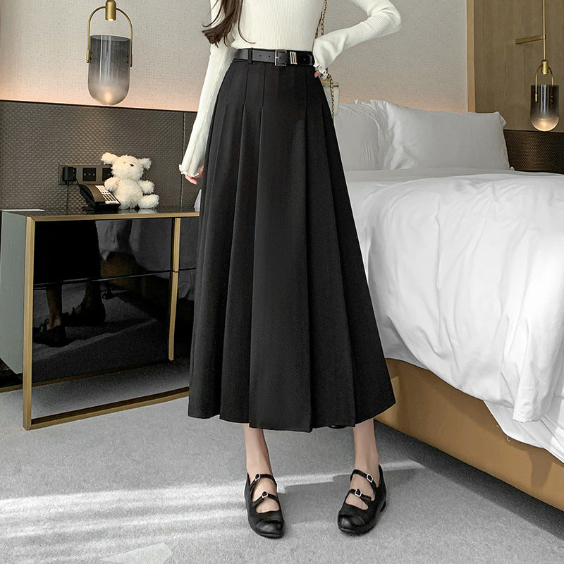 Mid-length A-line Skirt for Women High Waist Pleated Long Skirt Office Style Over-the-Knee Suit Style Umbrella Skirt