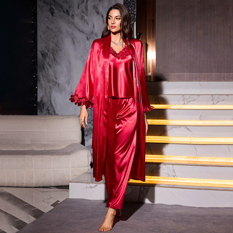 Comfortable Wearable at Home Camisole Shorts Robe Three-Piece Set