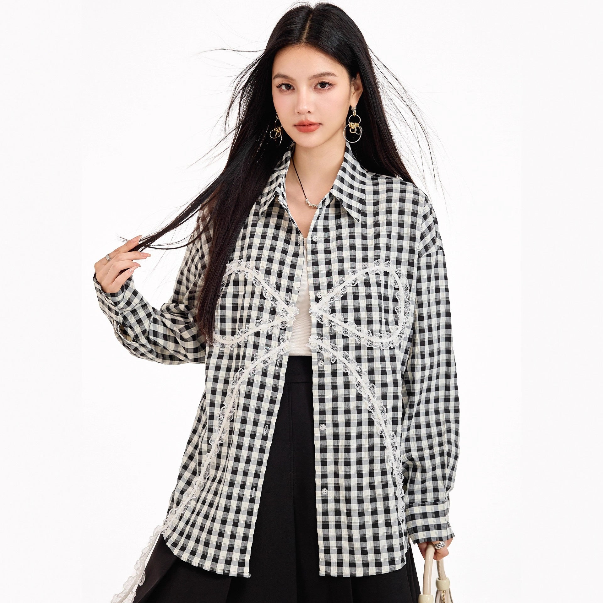 Sweet Lazy Korean-Style Design Black and White Checkered Bow Loose Shirt, Casual Lightweight Sun Protection Jacket for Women