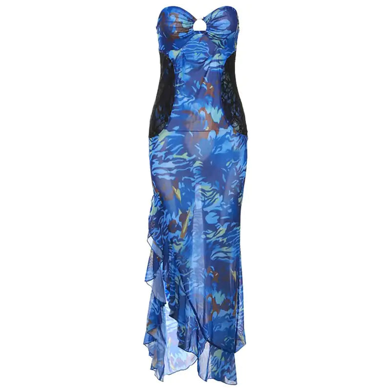 Floral Print Sheer Mesh Bandeau Slit Dress for Women