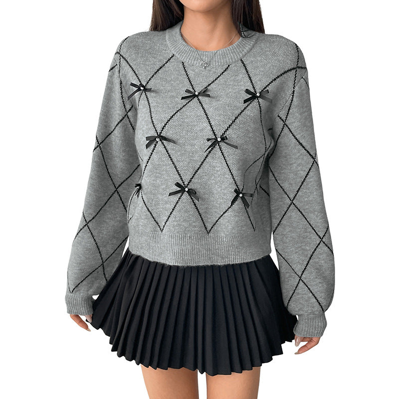 Round neck bow decoration diamond patterned sweater for women