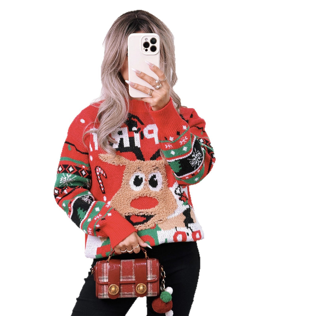 Cartoon Deer Knitted Sweater Round Neck Color Contrast Warm Loose Women's Sweater
