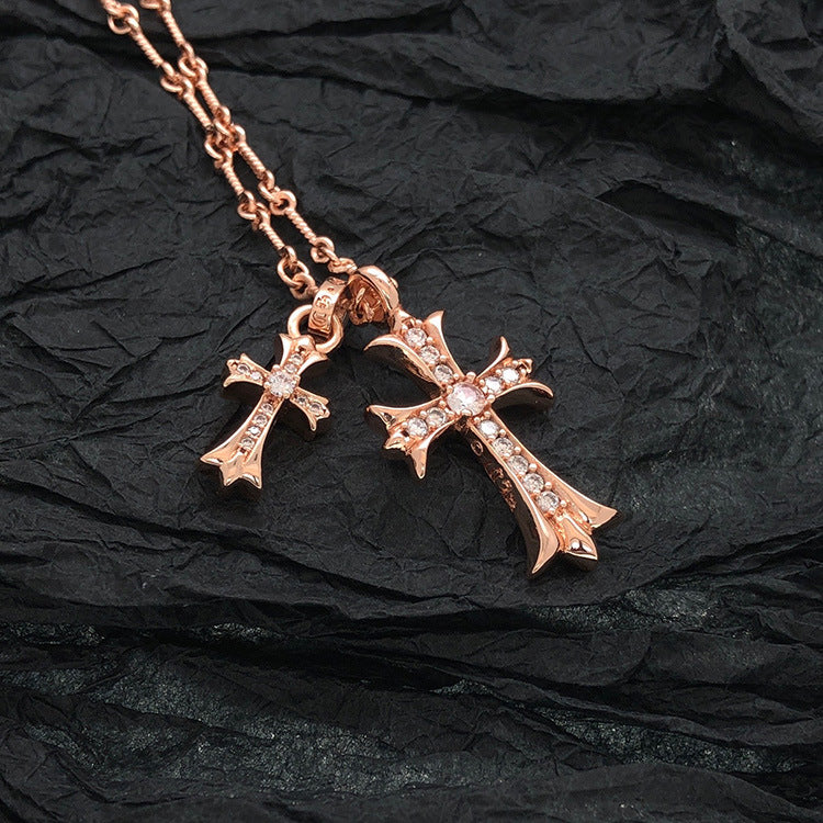 Vintage colored diamond double cross pendant necklace