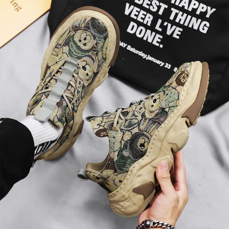 Canvas breathable thick sole height increasing dad shoes with dissolved sole, trendy sports running shoes