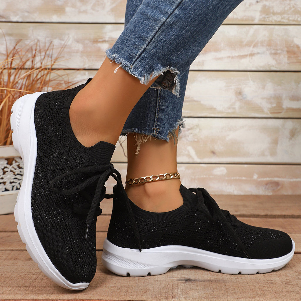 Plus Size Knit Sports Shoes Spring Autumn New Flat Elastic Laced Casual Shoes Soft Sole Single Shoes Women