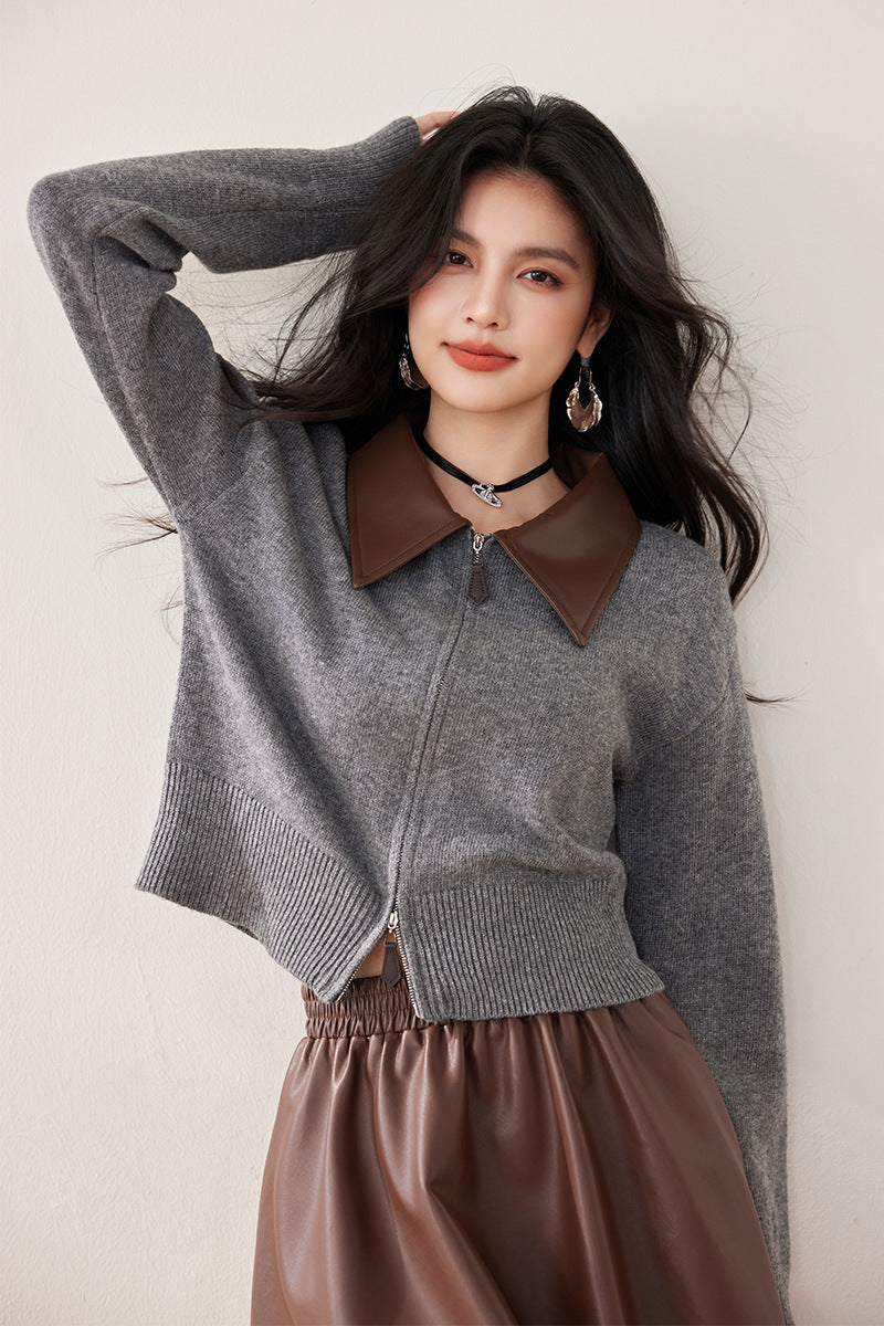 Knitted Cardigan with Polo Neck, Retro Loose Fit, Patchwork Design, Women's Outerwear