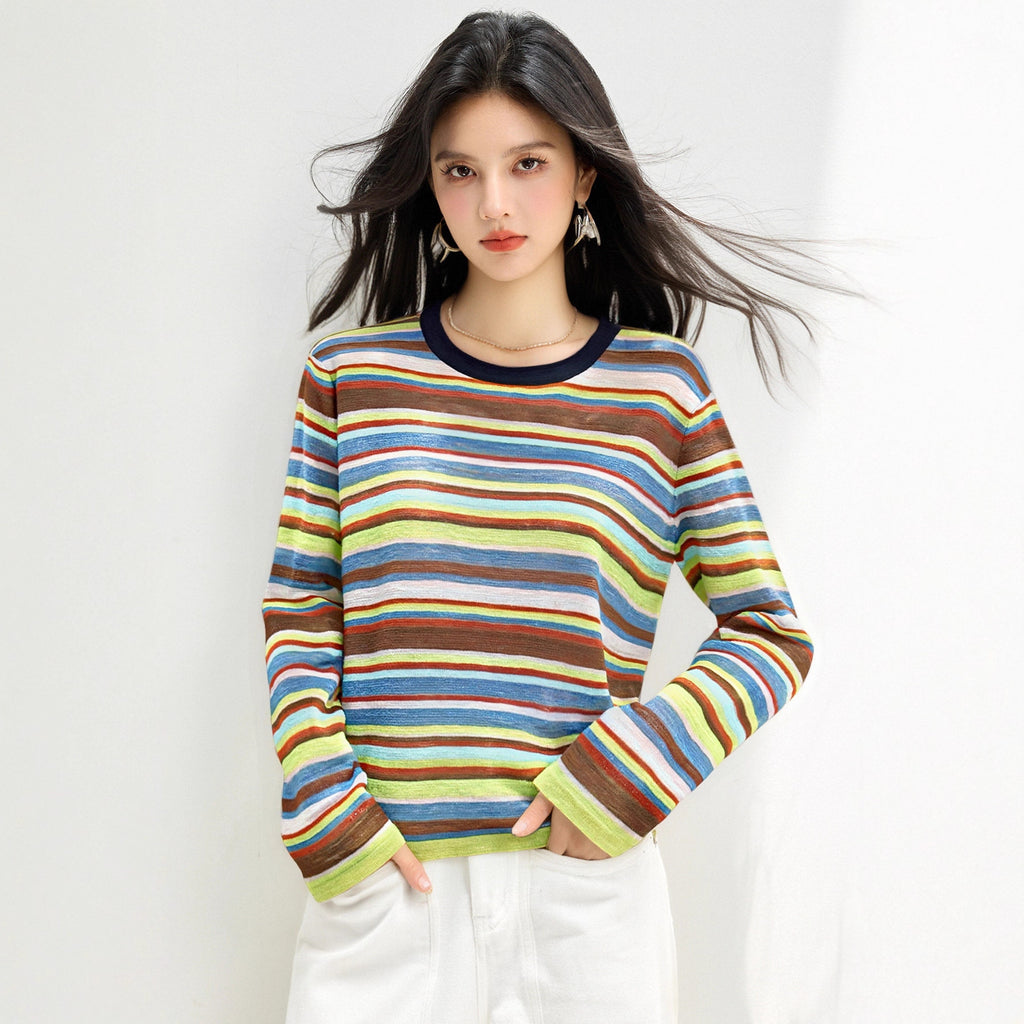 Design Sense Casual Colorful Stripe Crew Neck Knit Top for Women, Autumn Versatile Slimming Retro Basic T-Shirt