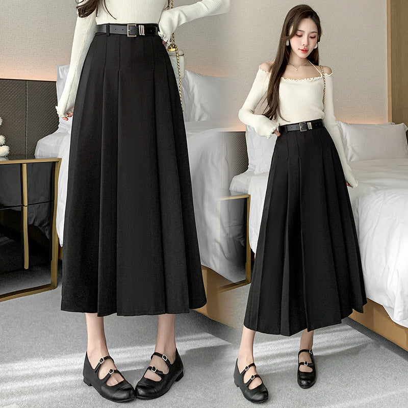 Mid-length A-line Skirt for Women High Waist Pleated Long Skirt Office Style Over-the-Knee Suit Style Umbrella Skirt