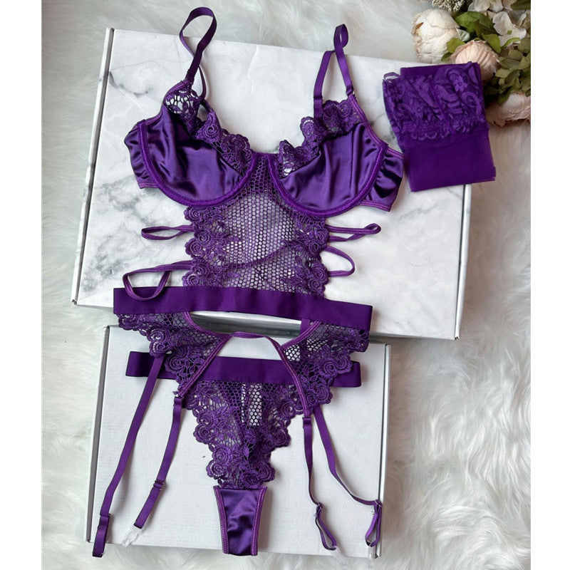 Purple Grape Lingerie Set Transparent Sexy Push-up Bra with Stockings