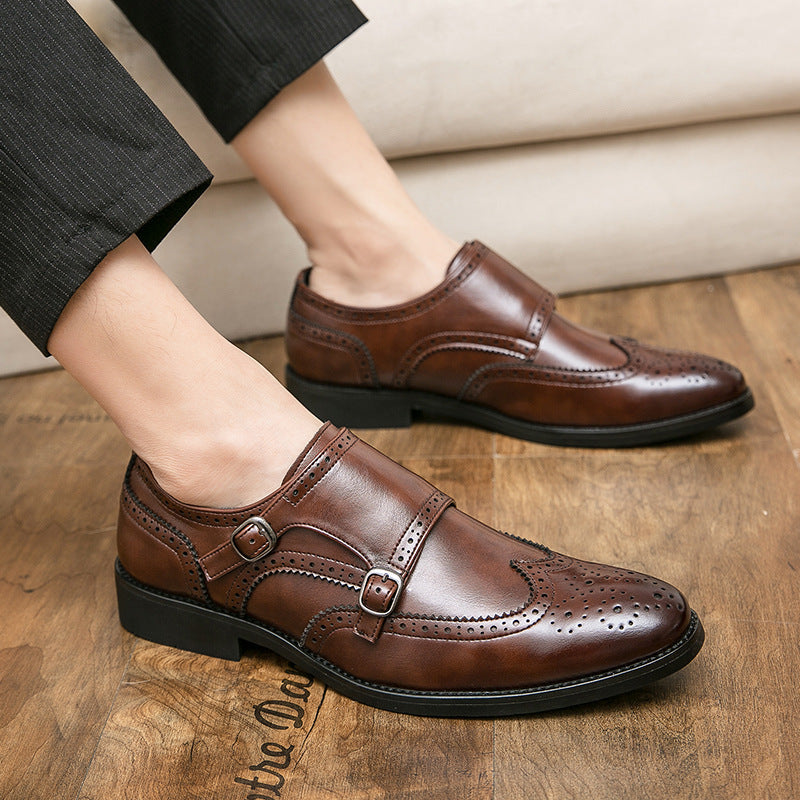 Men's buckle leather shoes, leather shoes, one-piece formal wear, men's height increasing shoes
