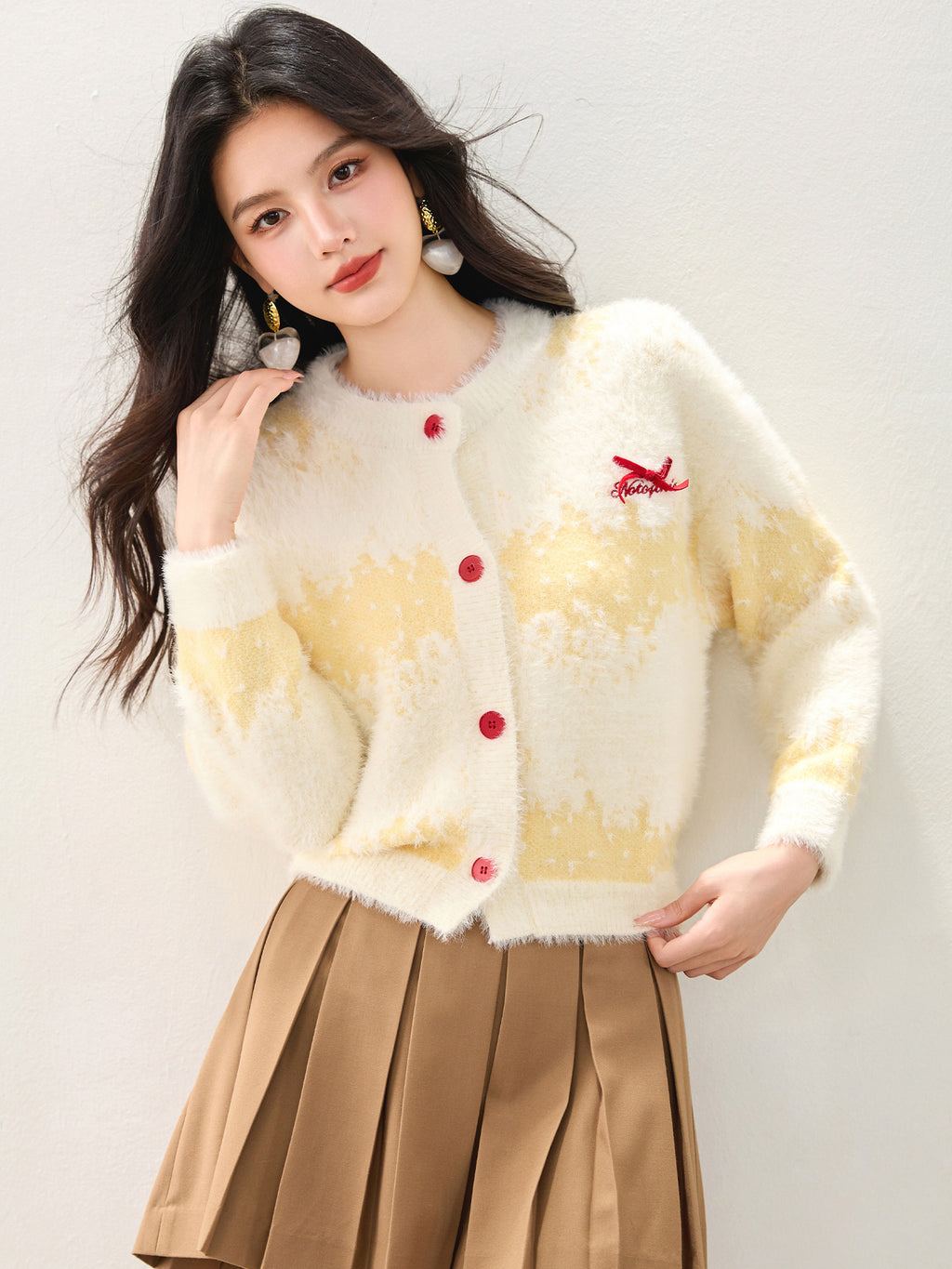 Cute Butter Yellow Long Hair Gradient Stripe Lazy Style Cardigan Sweater, Loose Fit, Bow Detail, Casual Fashion