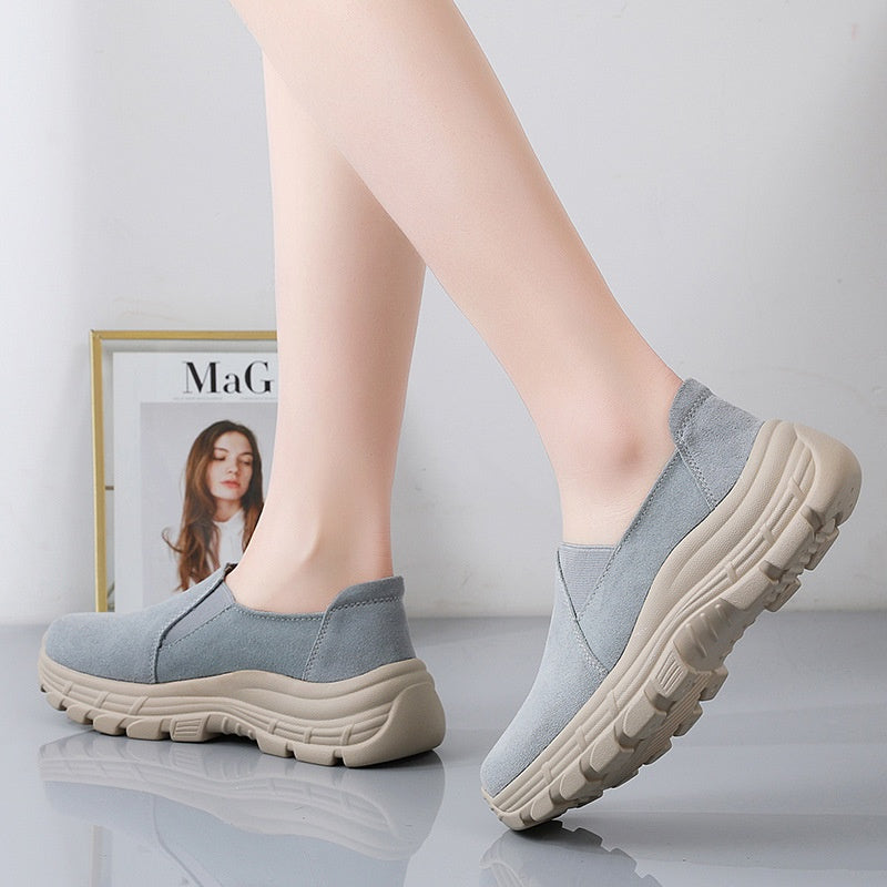 Breathable Leather Wedge Shoes for Women, Casual Chunky Sole Sneakers