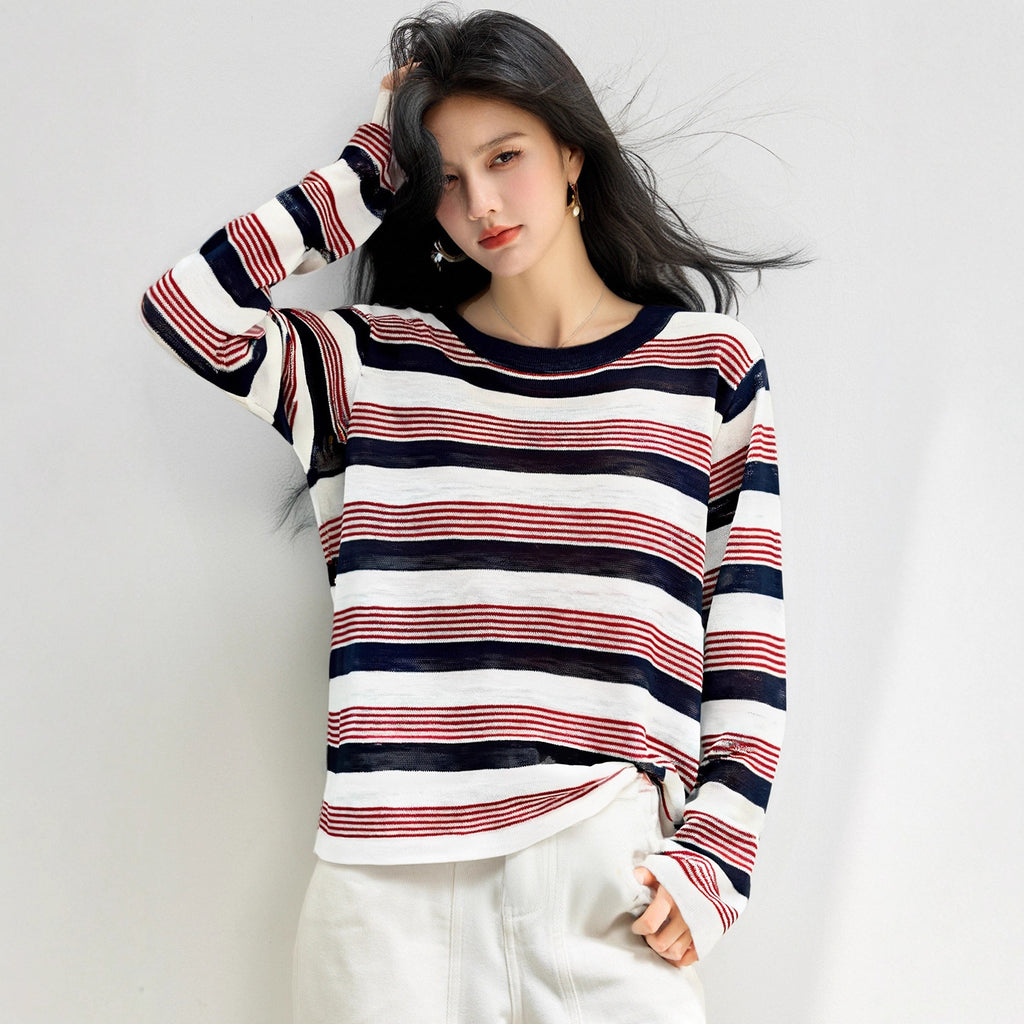 Laid-back Style Striped Long Sleeve Knit Top for WomenSoft Color-blocked Lightweight Sweater