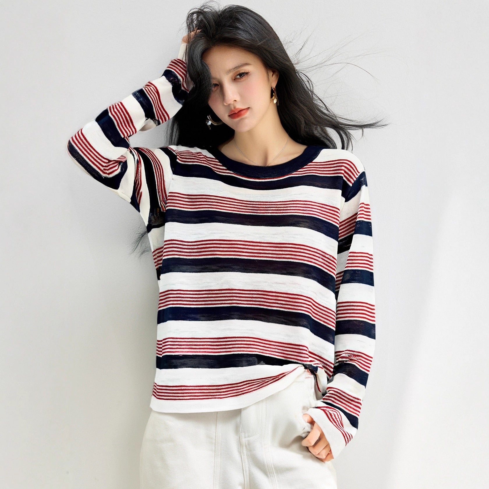 Laid-back Style Striped Long Sleeve Knit Top for WomenSoft Color-blocked Lightweight Sweater