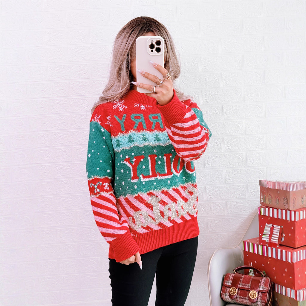 Color blocking knitted pullover sweater with round neck retro long sleeved casual sweater for women