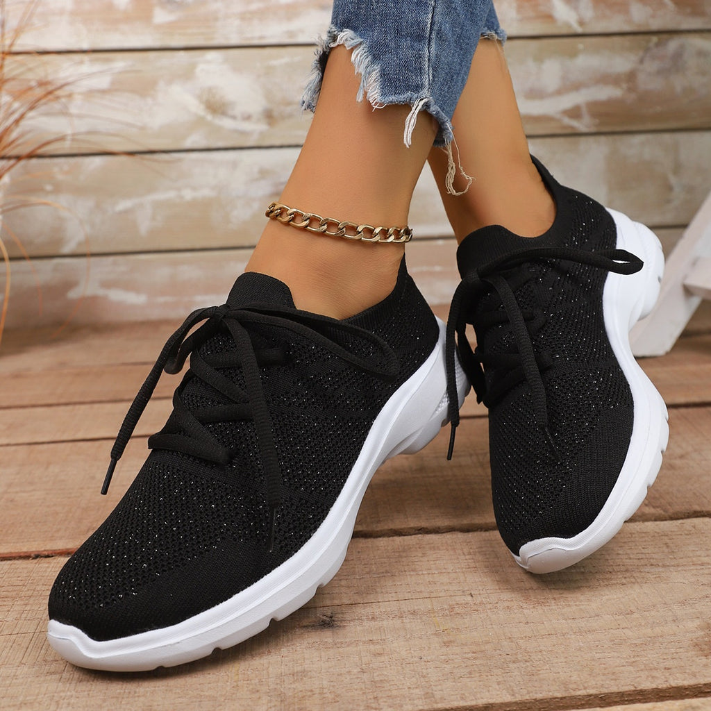 Plus Size Knit Sports Shoes Spring Autumn New Flat Elastic Laced Casual Shoes Soft Sole Single Shoes Women
