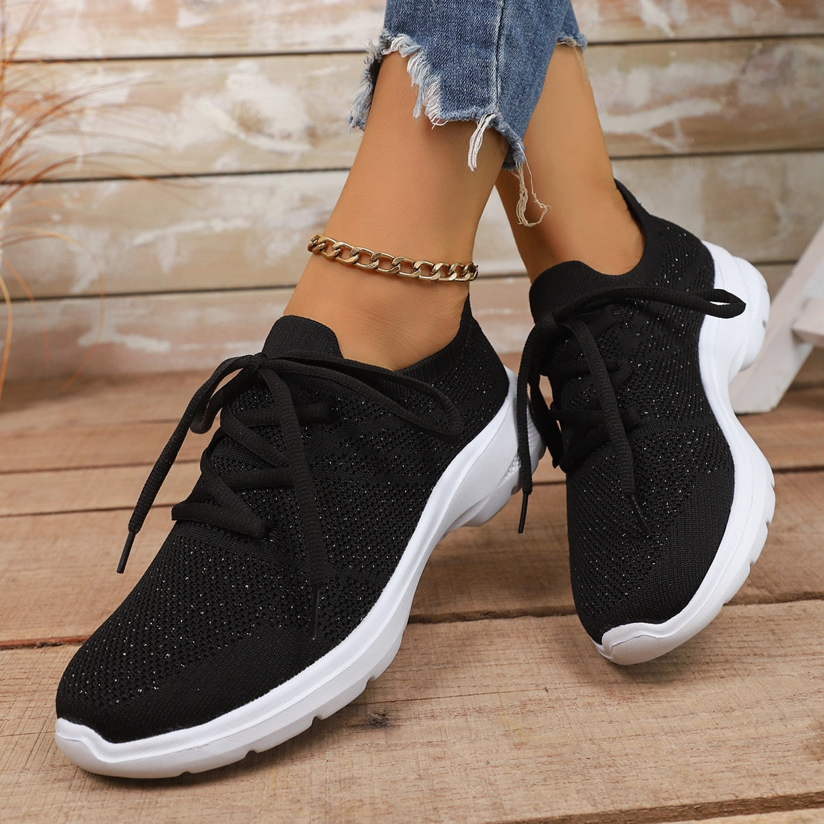 Plus Size Knit Sports Shoes Spring Autumn New Flat Elastic Laced Casual Shoes Soft Sole Single Shoes Women