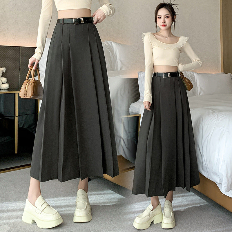 Mid-length A-line Skirt for Women High Waist Pleated Long Skirt Office Style Over-the-Knee Suit Style Umbrella Skirt