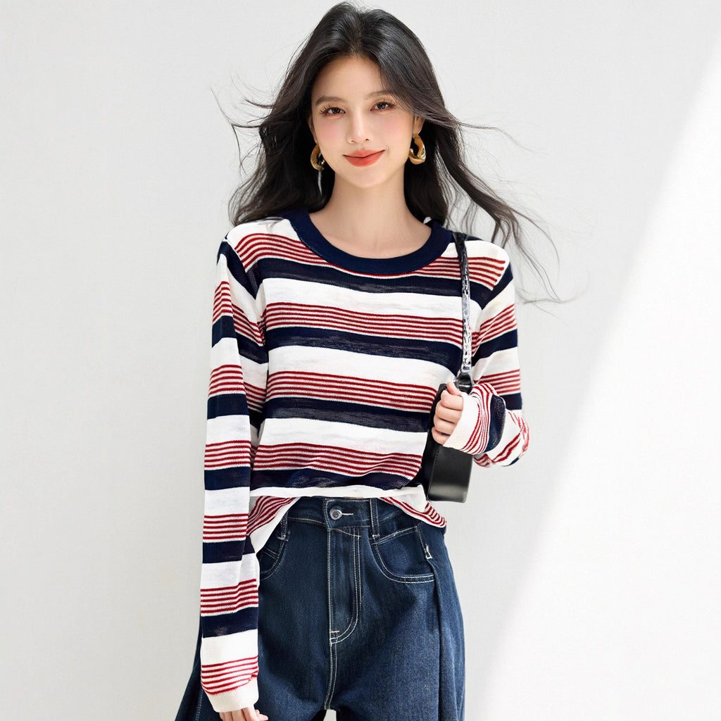 Laid-back Style Striped Long Sleeve Knit Top for WomenSoft Color-blocked Lightweight Sweater