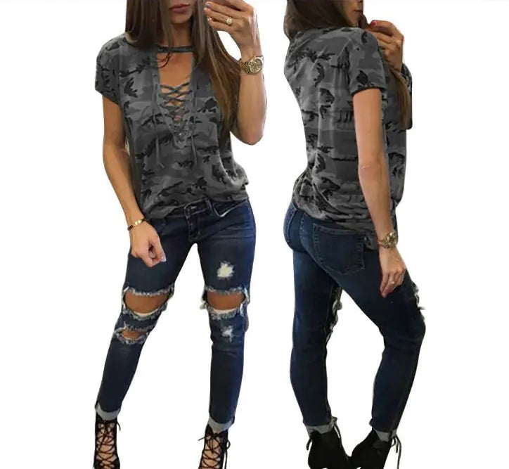 Camouflage Deep V Neck Long Sleeve Women's Top