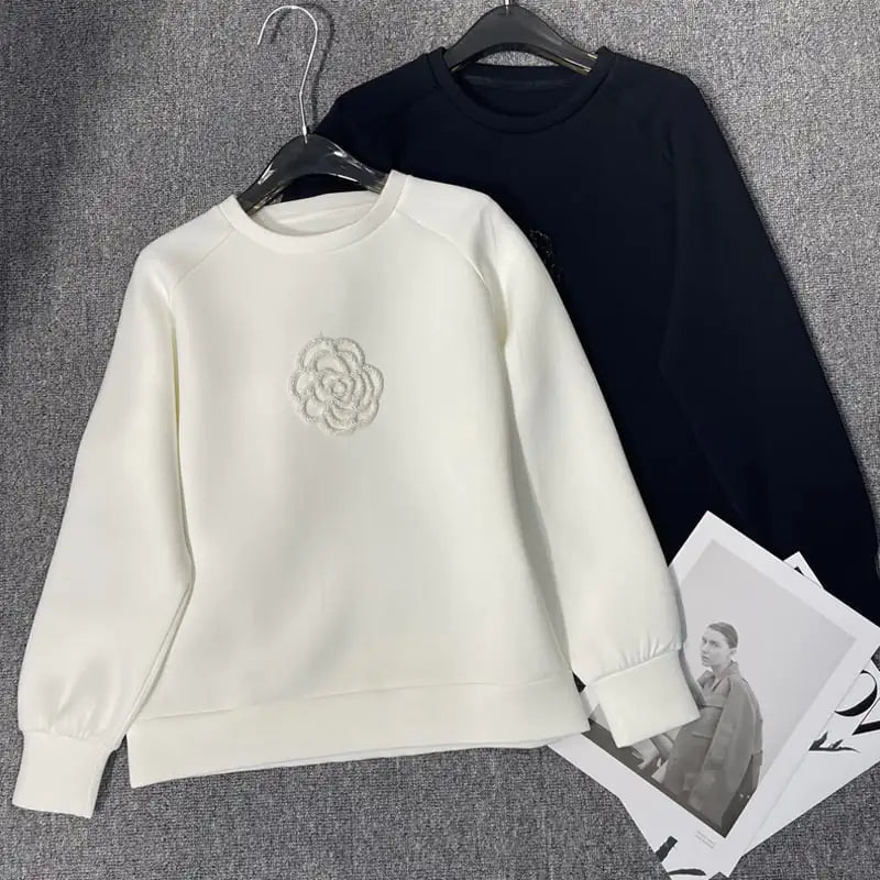 White Beaded Camellia Embroidery Round Neck Sweater
