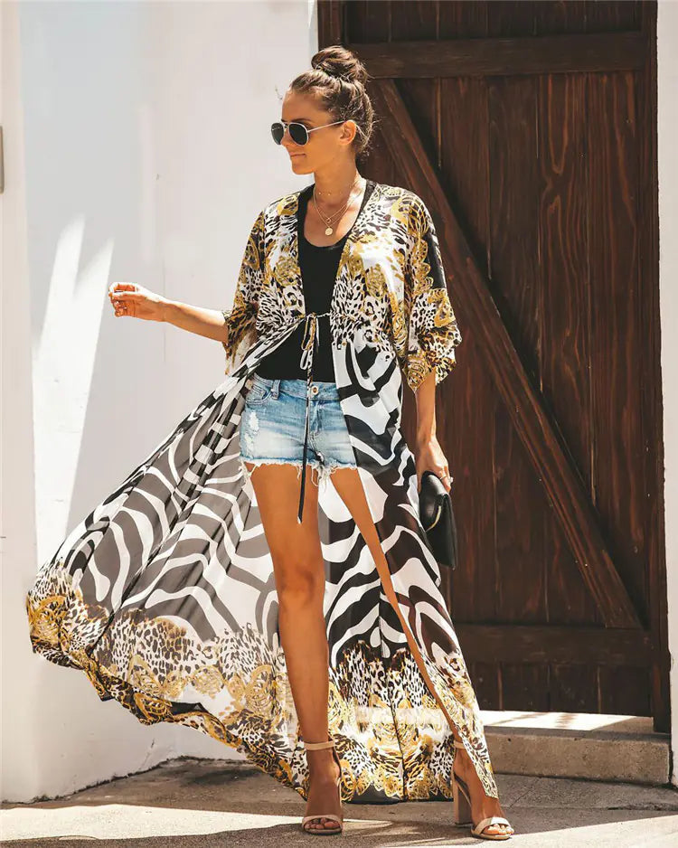 Leopard Print Chiffon Long Cardigan for Swimwear