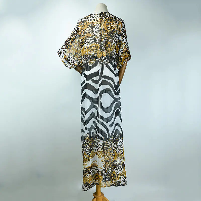 Leopard Print Chiffon Long Cardigan for Swimwear