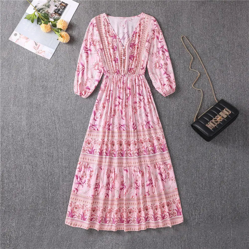 Women's V-neck High Waist Bohemian Mid-length Dress