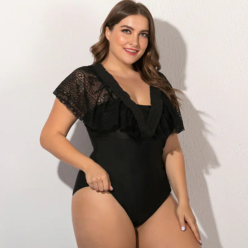 Traje de baño de una pieza negro de talla grande para mujer