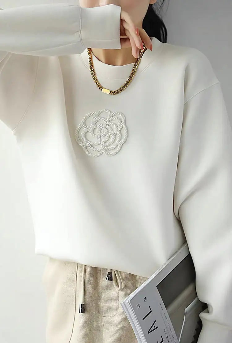 White Beaded Camellia Embroidery Round Neck Sweater