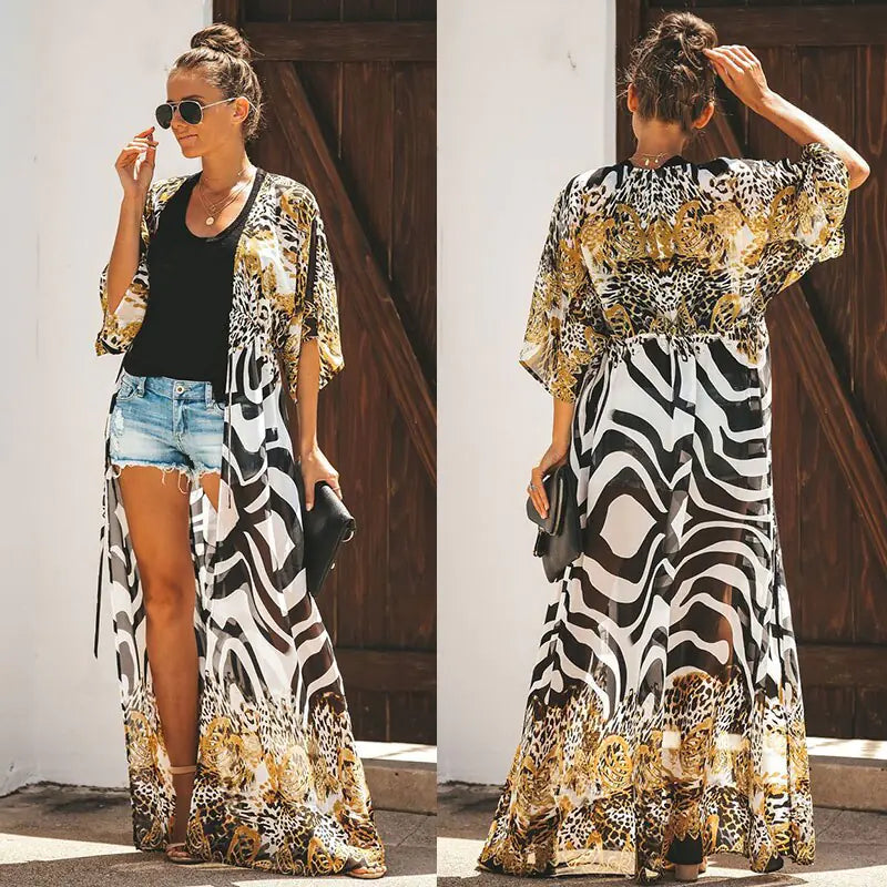Leopard Print Chiffon Long Cardigan for Swimwear