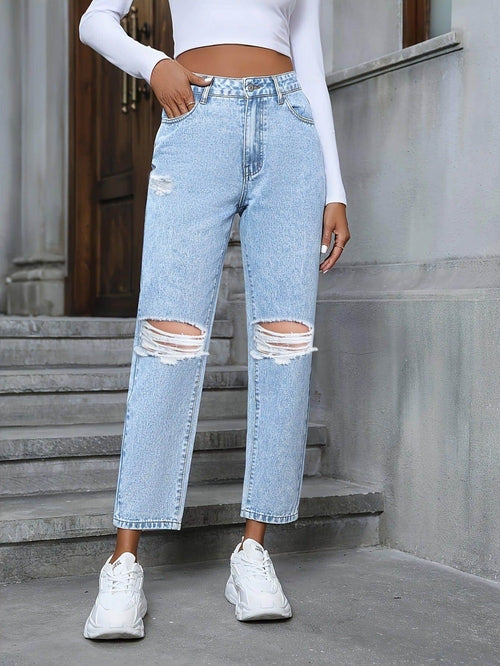 DenimDare™ Loose Straight Ripped Denim Jeans