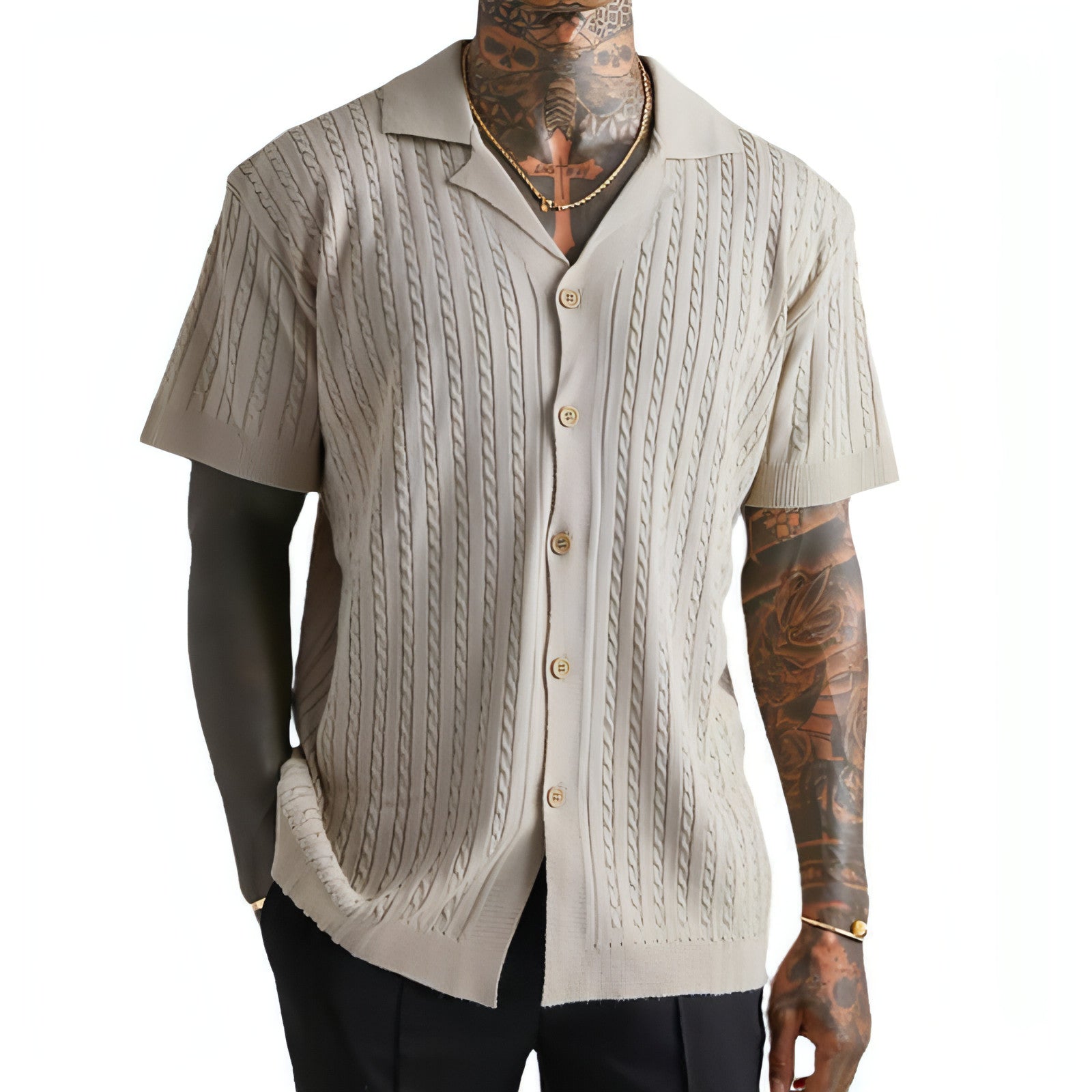 Men's Knitted Button Short-sleeved T-shirt