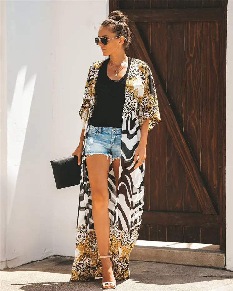Leopard Print Chiffon Long Cardigan for Swimwear