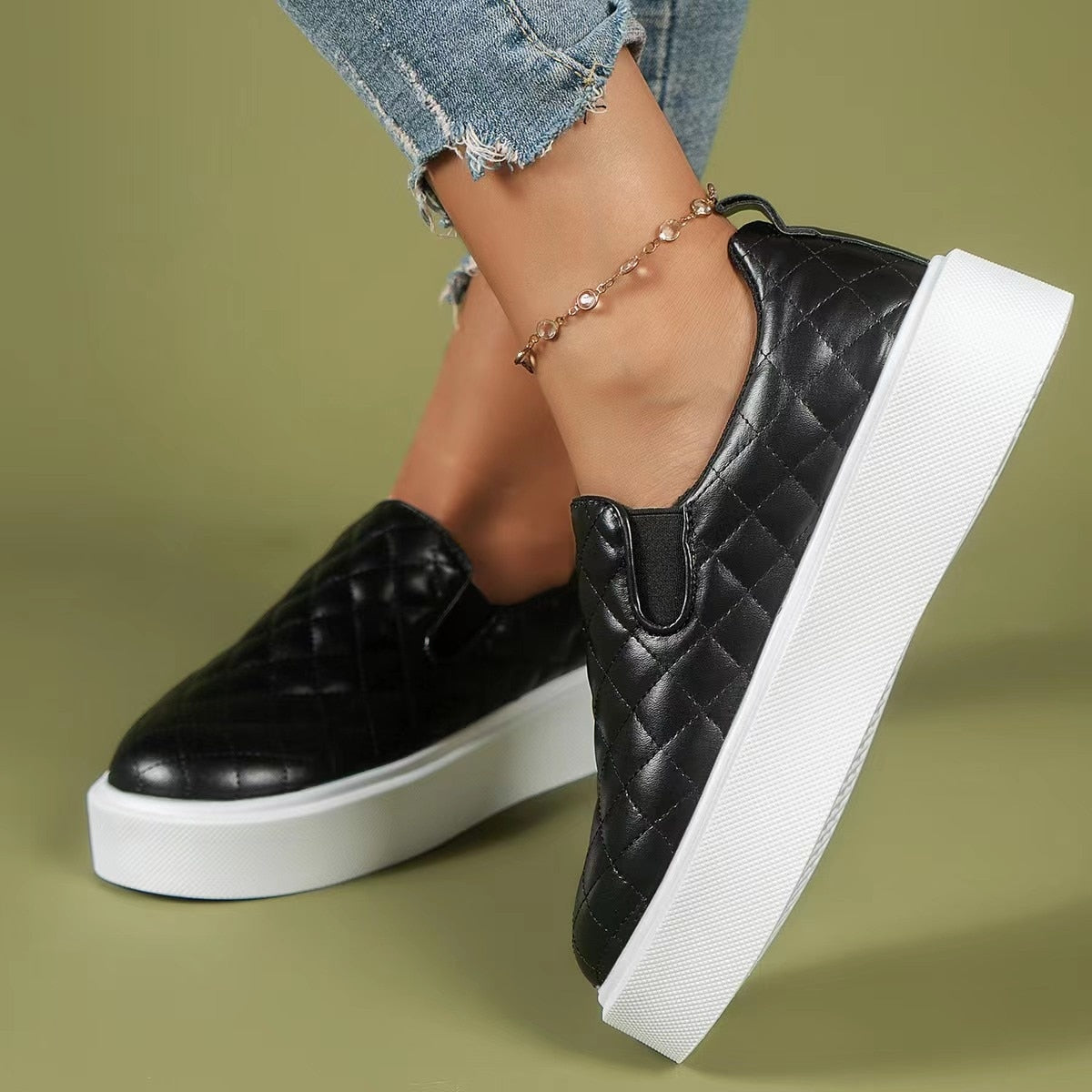 Zapatos casuales sin cordones con plataforma, ligeros, planos y mocasines, color negro y blanco 